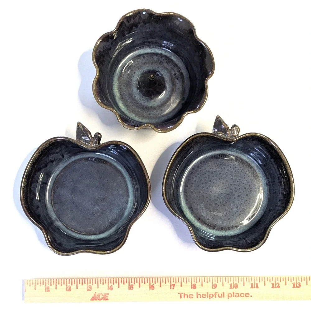 Sandra O'Quinn Studio Pottery Set 3 Apple Bowls & Baker Midnight Glaze Signed